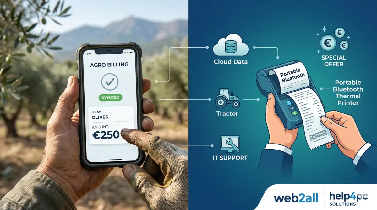 Ηλεκτρονική τιμολόγηση myDATA, help4pc εξοπλισμός και cloud λύση για αγρότες από τη Web2All.