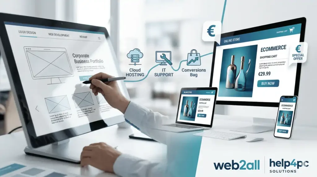 Κατασκευή ιστοσελίδων και eshop, help4pc εξοπλισμός και cloud λύση από τη Web2All.