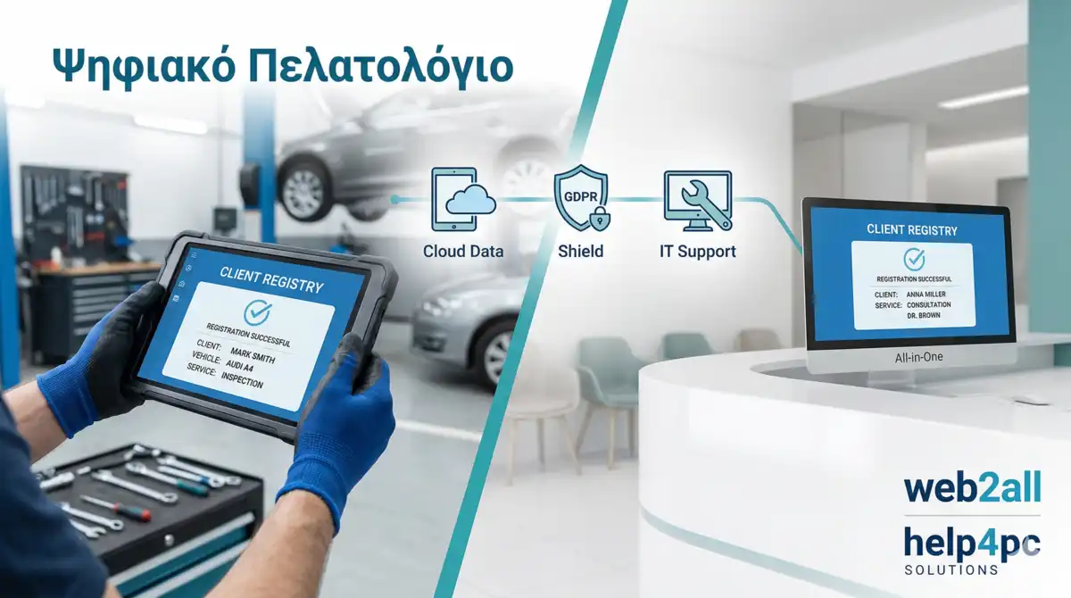 Ψηφιακό πελατολόγιο για συνεργεία αυτοκινήτων και ιατρεία, cloud λογισμικό και εξοπλισμός help4pc.
