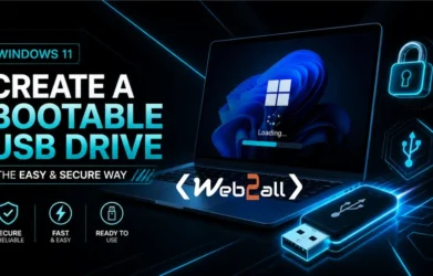 Εγκατάσταση Windows 11 σε παλιό υπολογιστή. Οδηγός εγκατάστασης Windows 11 σε μη συμβατό υπολογιστή μέσω USB με Rufus ή Ventoy. Tech γραφικό με laptop και λογότυπο Windows. | web2all.gr