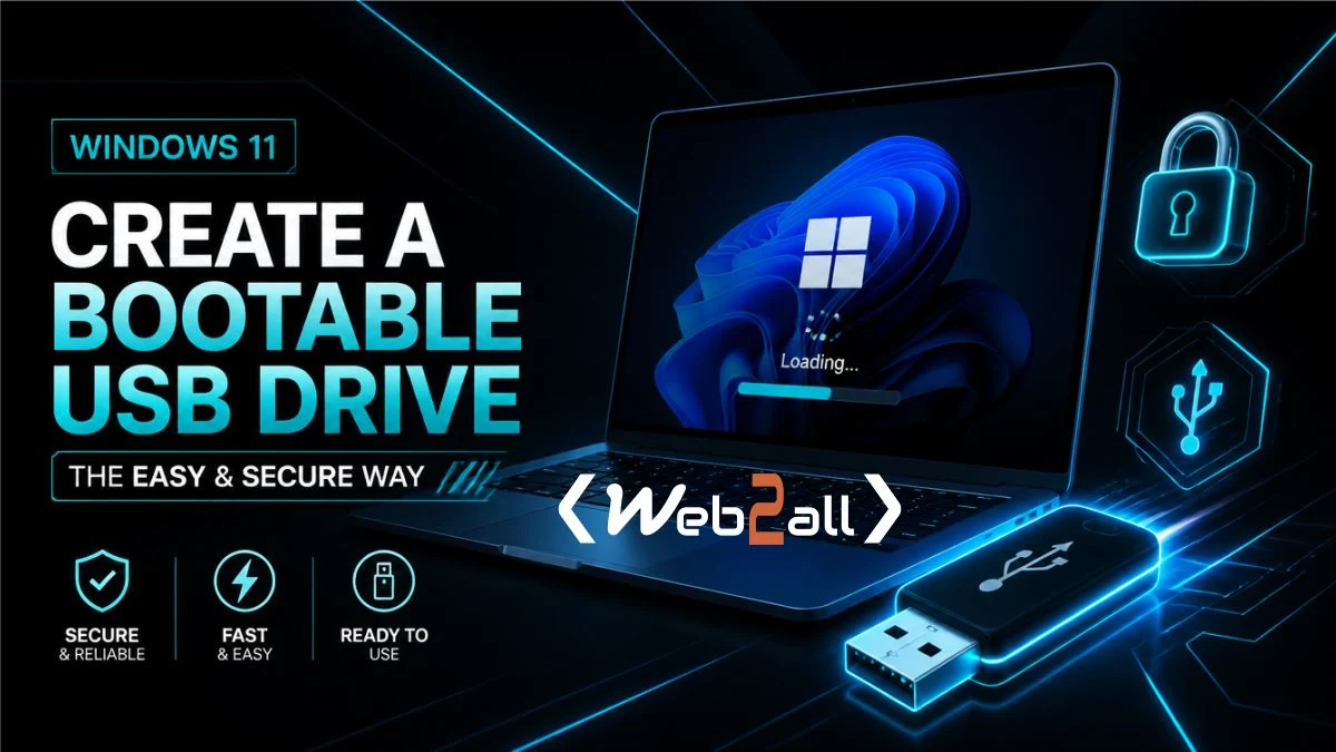 Εγκατάσταση Windows 11 σε παλιό υπολογιστή. Οδηγός εγκατάστασης Windows 11 σε μη συμβατό υπολογιστή μέσω USB με Rufus ή Ventoy. Tech γραφικό με laptop και λογότυπο Windows. | web2all.gr