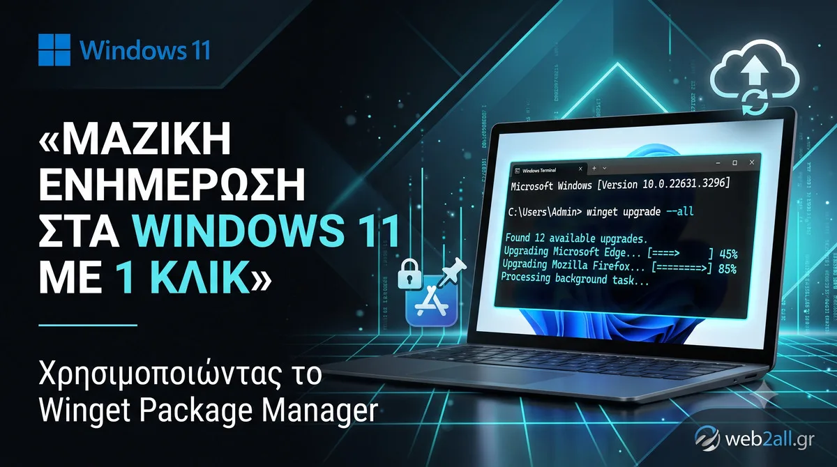 Μαζική ενημέρωση εφαρμογών στα Windows 11 με 1 κλικ χρησιμοποιώντας το Winget Package Manager. Απεικόνιση laptop με ανοιχτό τερματικό και κώδικα σε dark mode tech φόντο.